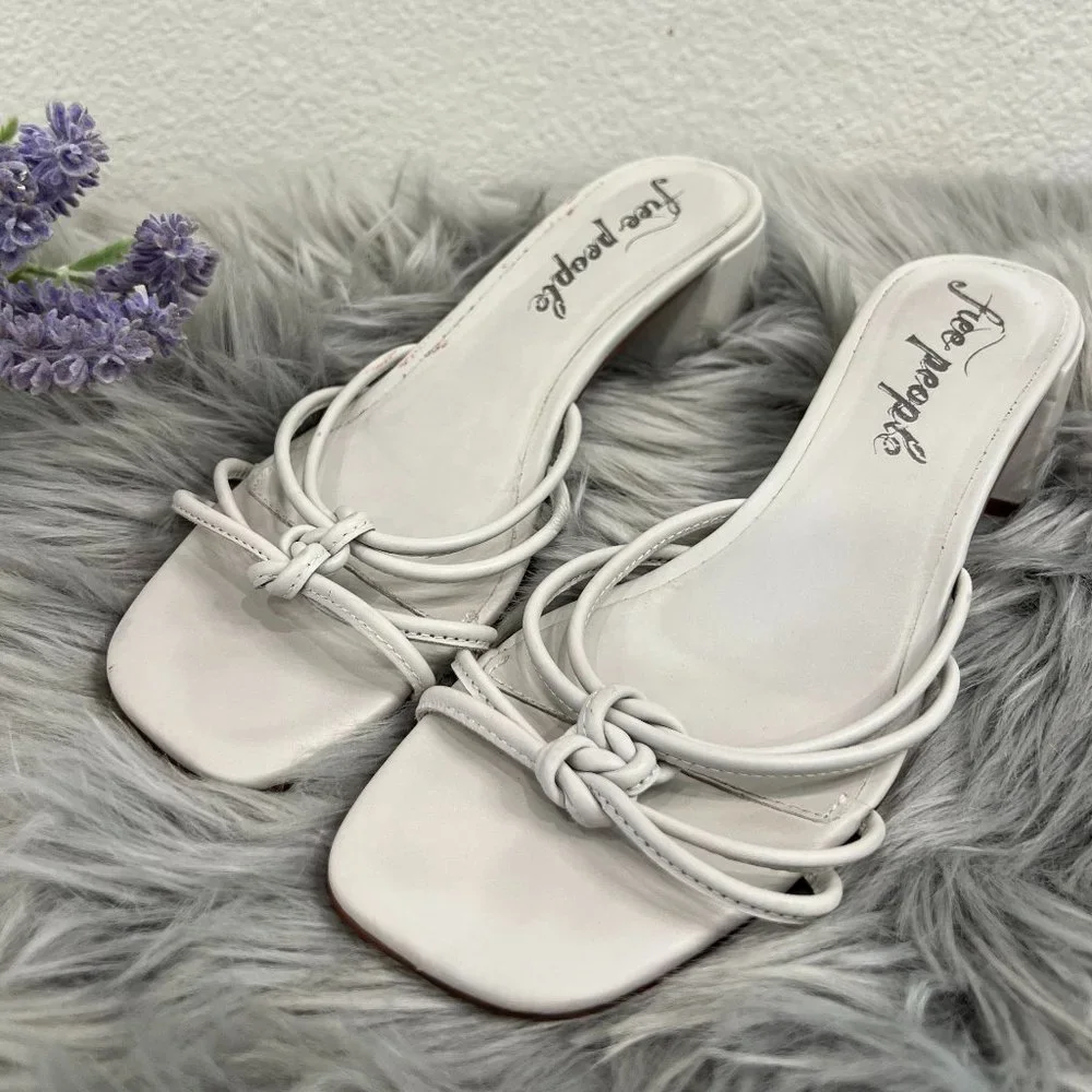 Free People‎ Petra Leather Knot Block Heel Slide Gray-White Sandals Size 9-9.5